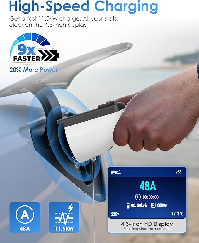 Level 2 EV Charger 48 Amp- 11.5kW 240V Hardwired Wall Charger for Home with 4.3" LCD, 26ft Cable, Scheduled Charging & Wall Holder, SAE J1772 Connector