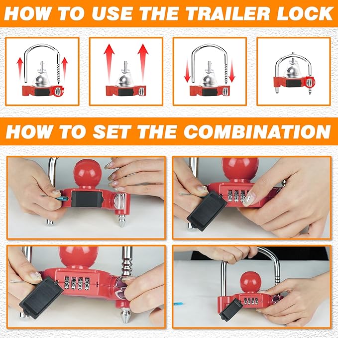 Funmit Trailer Lock Universal Hitch Lock with Combination Lock, fit 1-7/8", 2", 2-5/16" Coupler, Camper Accessories for Travel Trailers Boats Trucks Rvs Red