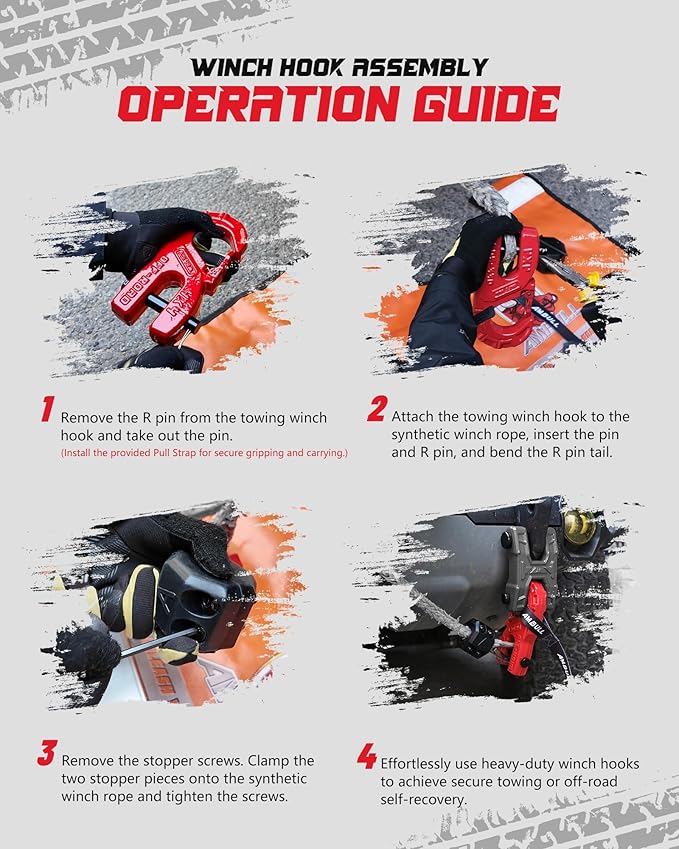 3/8" Tow Winch Hook with Cable Stopper, 10T Winch Hook, Upgrade Heavy Duty Forged Steel Winch Hook, 31967lbs Max Strength, Clevis Clip Hook Set for Synthetic Rope, Off-Road Vehicle, Red