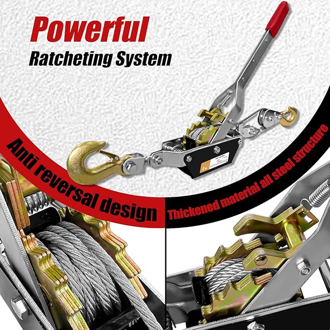 2T 10FT Come Along Winch Heavy Duty, 2 Gears Come Along Pulling Tool, Cable Winch Puller 2 Hooks, Come Along Power Puller Ratchet Tool, Manual Winch Ratchet Tool for Towing Lifting