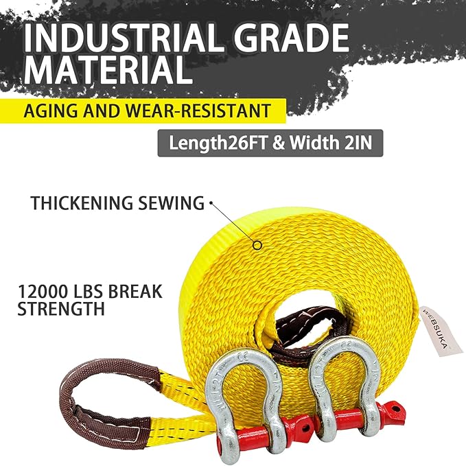 Heavy Duty Tow Straps Recovery Kit, 2" x 26ft Recovery Strap with 12000 lbs Break Strength, Heavy Duty Tow Rope D-Ring Shackles for Towing Vehicles, Boats(Yellow)