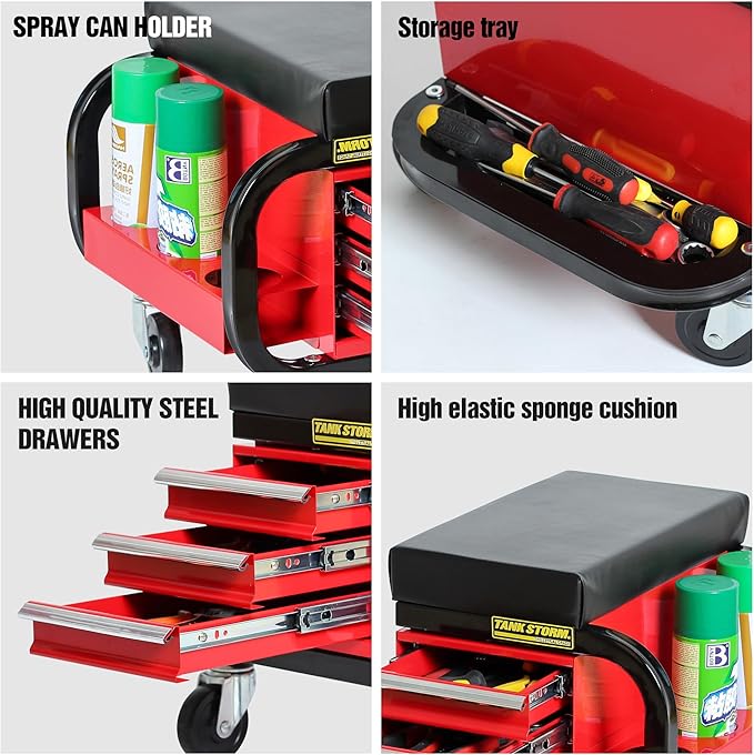 Tool Box Built-in Creeper Seat, Garage Shop Roller Seat, 3 Drawers Heavy Duty Tool Chest with 4 Rolling Casters-350 Lbs Capacity