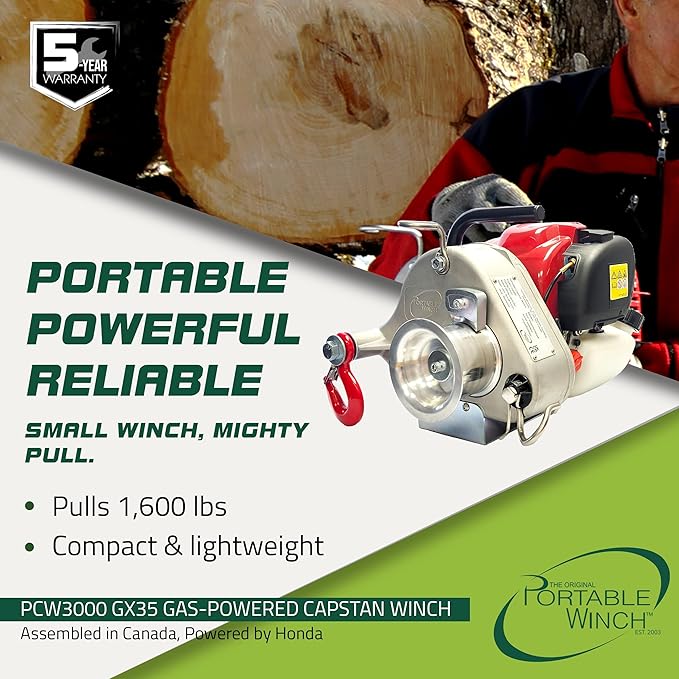 Portable Winch PCW3000 Gas-Powered Capstan Winch, 1,600 lbs Pulling Capacity Winch, Honda GX-35 Engine Portable Gas Winch - Hunting, Logging, & Towing