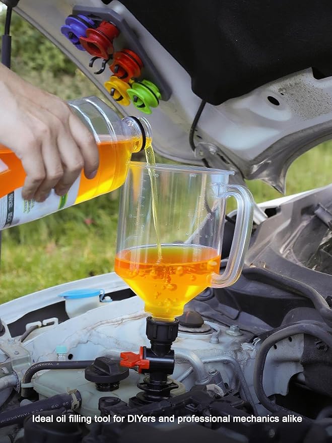 SMART JERRY - Spill-Proof Engine Oil Funnel Kit｜Oil Change Funnel w/ 12 Adapters & 2 Magnetic Adapter Organizer Boards｜Transparent Body w/Scale & Shut-Off Valve｜Universal Fit