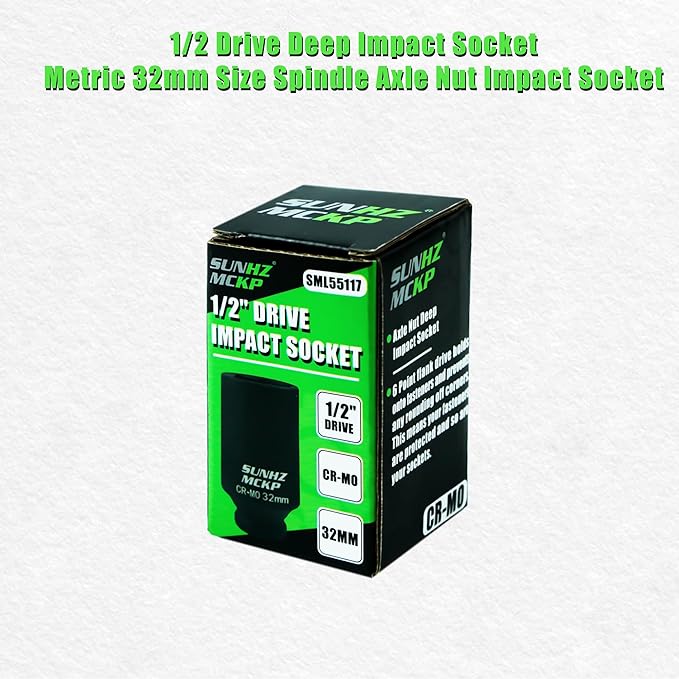 SUNHZ MCKP 32 mm Impact Socket | Metric 1/2 In Drive Axle Nut Socket | 6 Point Design | Deep Well Hub | Chrome Molybdenum Steel | Axle Shaft Nut Remover