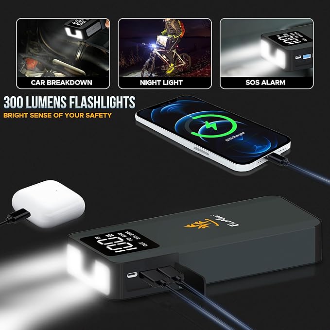 6000A Car Jump Starter – 12V Portable Battery Booster for All Gas & Up to 12L Diesel Engines, Dual USB Quick Charge, DC Output, Built-in LED Flashlight, Heavy-Duty Jump Pack