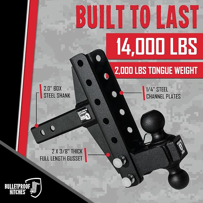 BulletProof Hitches - 2.0" Adjustable Medium Duty Trailer Hitch (14,000 lb. Rating) - Offset 4" and 6" Drop/Rise Trailer Hitch with 2" & 2-5/16" Dual Ball - Powder Coat, Box Steel, Corrosion-Resistant