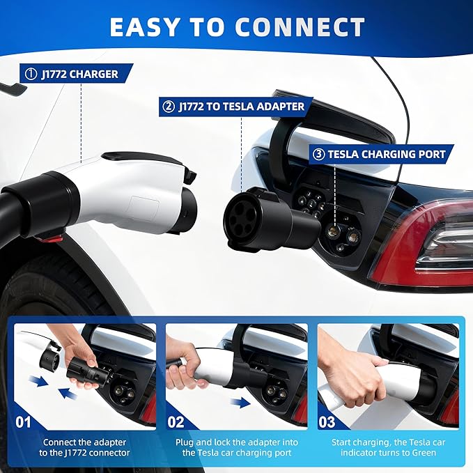 J1772 to Tesla Adapter, Max 80A 250V for Model 3 Y S X, Fast & Seamless Charging at SAE J1772 Stations – Essential for Tesla Owners