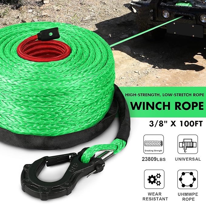Synthetic Winch Rope, 3/8" x100ft 23809LBS Dyneema Winch Rope 3/8 Heavy Duty Winch Cable with Protective Sleeve Forged Winch Hook for 4WD Off Road Vehicle Truck SUV (Green)