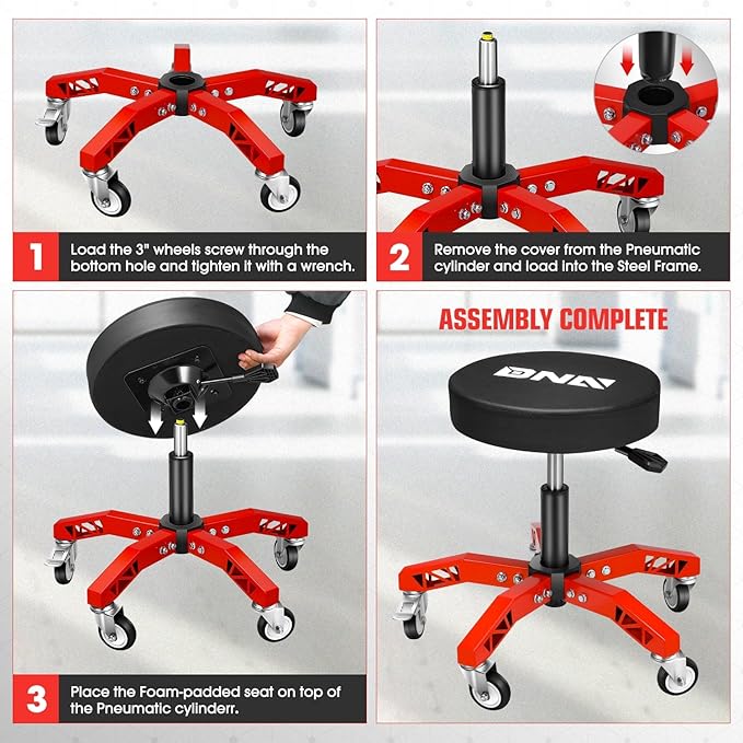 DNA Motoring Rolling Shop Stool, Adjustable Height Padded Rolling Seat, Pneumatic Roller Mechanic Stool for Garages, 300lbs Capacity, TOOLS-00635-BK-RD