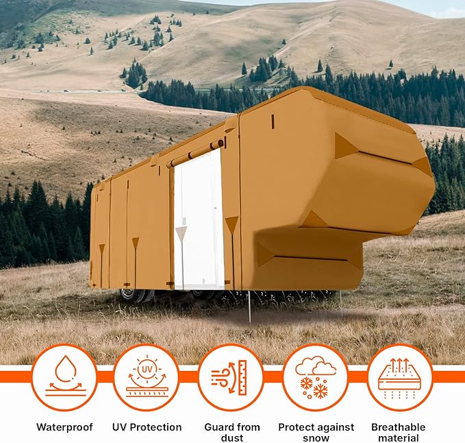 29-33Ft Fifth Wheel RV Cover 5th Wheel Trailer Motorhome Camper Cover 7-Layers Premium Heavy-Duty Waterproof Windproof Anti-UV Breathable Fabric Including 4 Tire Covers