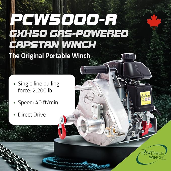 Portable Winch PCW5000-A Gas-Powered Capstan Winch with Accessories - 2,200 lbs Pulling Capacity Winch, Honda GXH50 Engine Portable Gas Winch for Hunting, Logging, and Towing