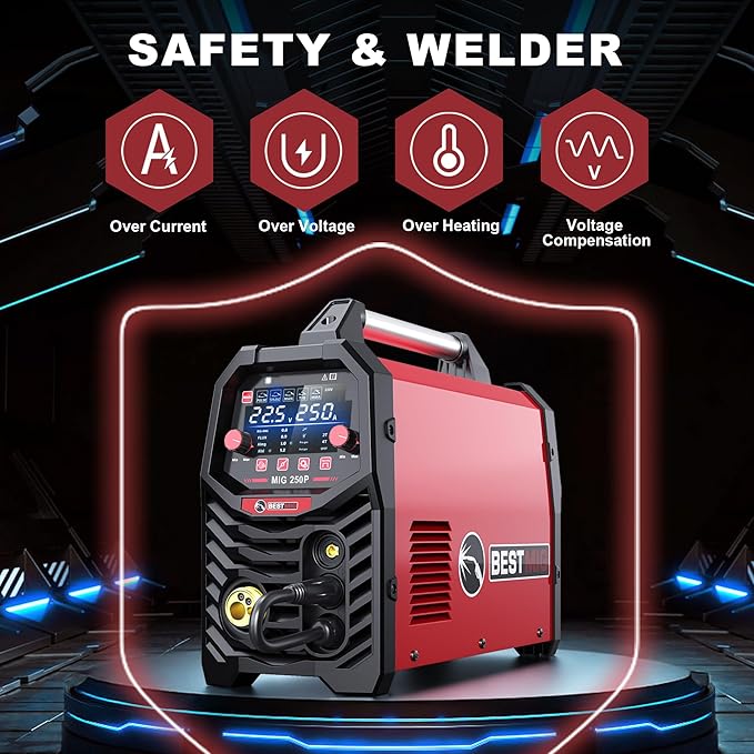 BESTMIG 8 in 1 Aluminum MIG Welder,250Amp 110V/220V Large LED Display,Pulsed MIG/MIG/Gas MIG/Flux Core/Spool Gun MIG/Lift TIG/Stick multiprocess welder,250P