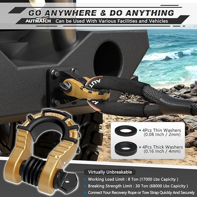 AUTMATCH D Ring Shackles 3/4" Mega Shackle (2 Pack) 68,000Ibs Break Strength - Heavy Duty Clevis Shackles with 7/8" Screw Pin and Isolator Washer for Tow Strap Winch Off Road Vehicle Recovery, Gold