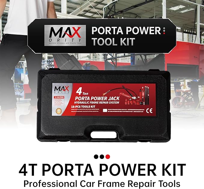 4 Ton (8800 lbs Capacity) Porta Power Jack Hydraulic Ram Auto Body Frame Collision Repair Kit Set, 18-Pcs, with Blow Mold Carrying Case and Gauge