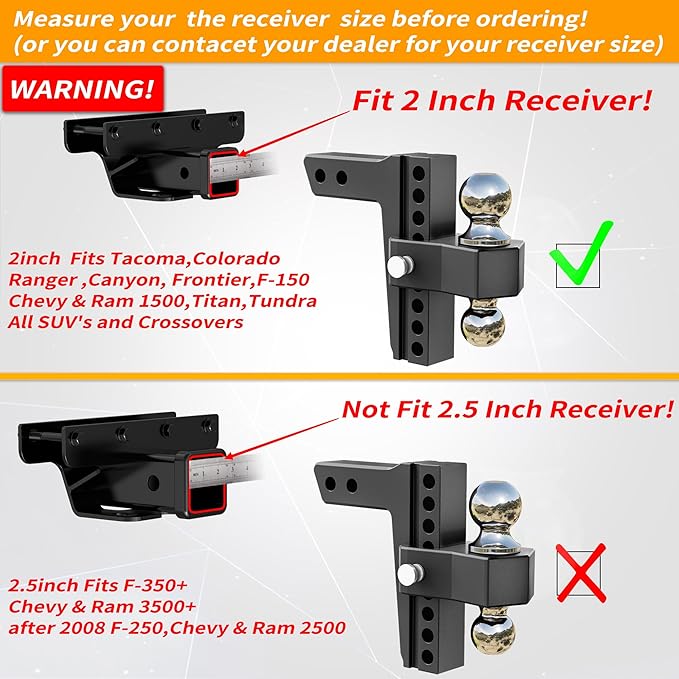 LOCAME Adjustable Trailer Hitch, Fits 2-Inch Receiver, 8-Inch Drop/Rise Aluminum Drop Hitch,12,500 LBS GTW-Tow Hitch for Heavy Duty Truck with Double Stainless Steel Locks, Black, LC0018