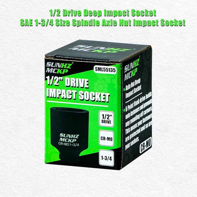 SUNHZMCKP 1/2 Inch Drive Impact Socket, SAE 1-3/4 In Deep Socket, CR-MO, 6 Point Axle Nut Socket for Easy Removal of Axle Shaft Nuts (1-3/4)