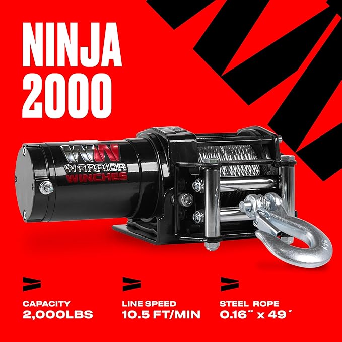 Warrior Winches Ninja 2000 lbs - Premium 12V Electric ATV/UTV Winch with Steel Cable, Compact and Powerful 12 Volt ATV Winch - Comes with Wireless Remote - Perfect for ATV, UTV, Boat, Trailer