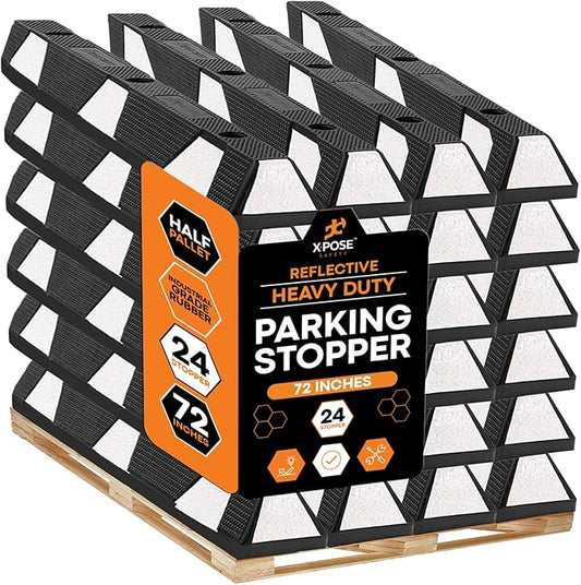 Xpose Safety 72" Heavy Duty Rubber Parking Stopper – Bulk Half Pallet 24 Pack Wheel Blocks for Garage, Driveway, or Ramp – Car Bumper Stop with White Reflective Strips – Removable Floor Mount