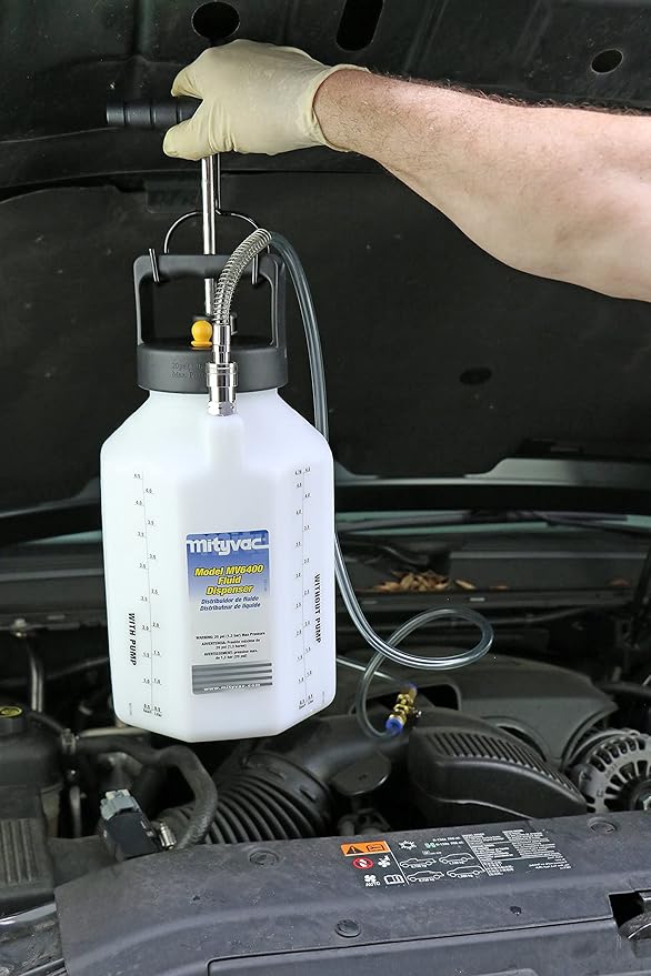 Mityvac MV6400 Fluid Dispensing System for Filling or Topping Fluids, 1.2 Gallon Reservoir, Manual Pump, Pressure Gauge and Relief Valve, Auto-shutoff Valves, 5' Hose with Flow Control Valve