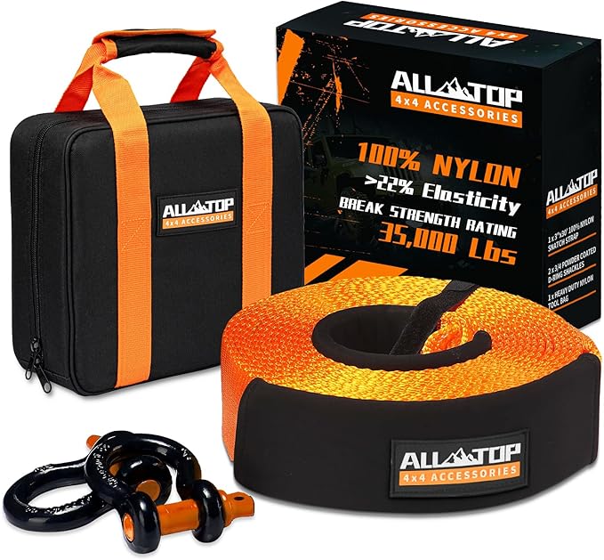 ALL-TOP Heavy Duty Tow Strap Recovery Strap Kit : 3 inch x 30 ft (35,000 lbs) 100% Nylon and 22% Elongation Snatch Strap + 3/4 D Ring Shackles (2pcs) + Storage Bag