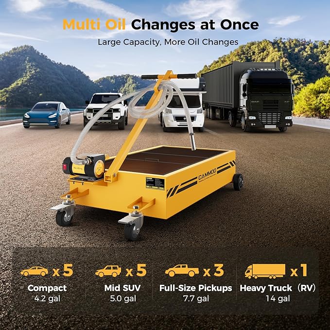 25 Gal Electric Oil Drain Pan, 110V High-Flow Pump, 9.8 FT Hose, 200 W Motor, 2 Locking Swivel Casters and 2 Directional Wheels Stable, Folding Handle, Heavy-Duty for Trucks, RVs, SUVs, Yellow