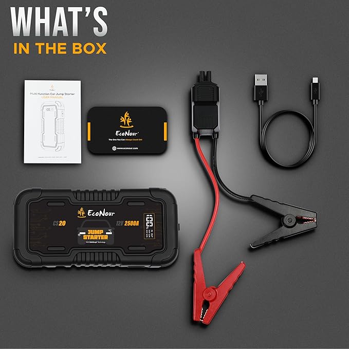 EcoNour Car Battery Jump Starter | Car Battery Jumper | 2500A Portable Car Jumper Pack with Charger Cable | Ideal for Up to 8.5L Gasoline & Diesel Engines | Compatible with Ford, Honda & Jeep