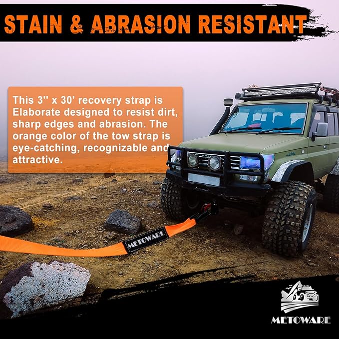 METOWARE Tow Strap 3'' × 30ft Recovery Strap, Heavy Duty Tow Straps with 35,000 lb Capacity, Triple Reinforced Loop Straps, Emergency Off Road Towing Rope, Extreme Water-Resistant (Orange)