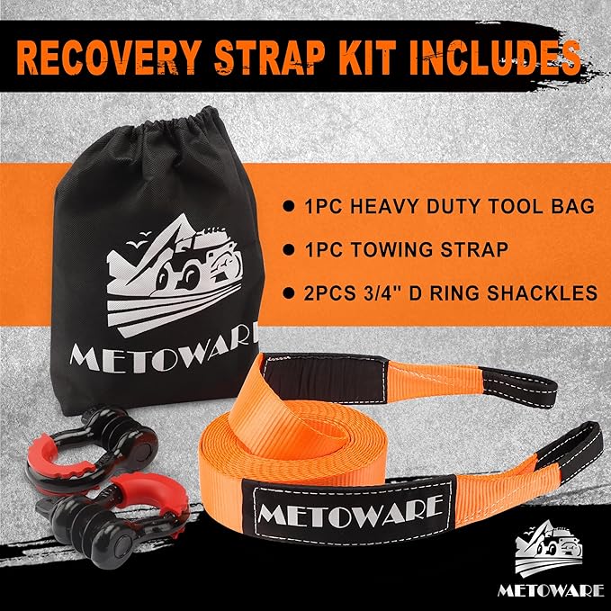 METOWARE Heavy Duty Tow Strap Recovery Kit - 3" x 20ft(35,000lbs) Tree Saver Winch Strap + 3/4" D Ring Shackles(2pcs) + Storage Bag - Truck, SUV, ATV Off Road Towing Strap Kit