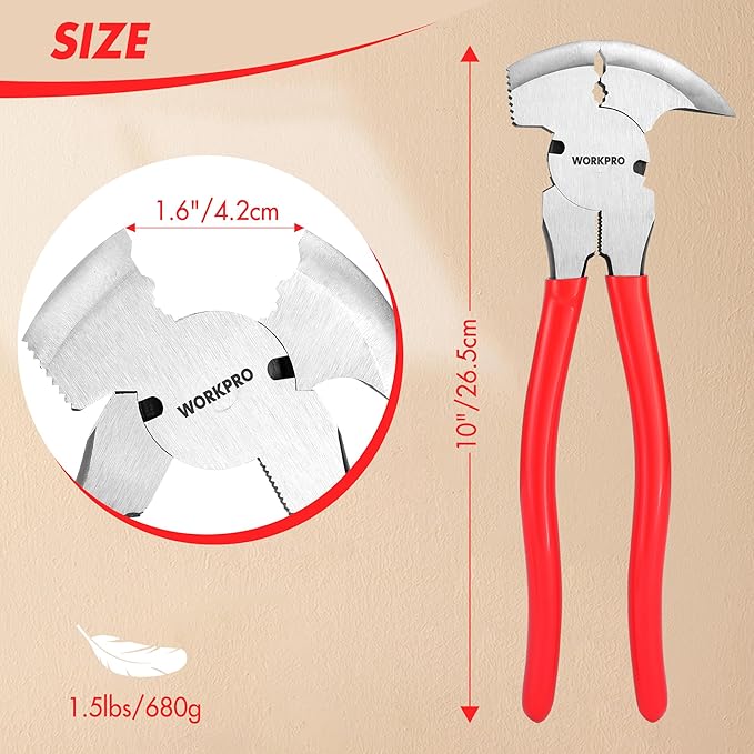 WORKPRO Fencing Pliers, 10-inch Multi Fence Pliers Tool, Heavy Duty Fencing Tools, Barbed Wire Fence Tools, Fence Cutter, Nail Puller, Staple Puller, Cutting Wire, Hammer Head