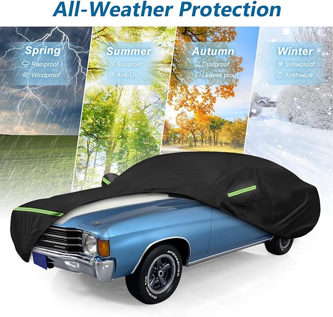 Waterproof Car Covers for Chevrolet Chevelle Malibu SS Sedan/Coupe 1964-1972, 420D Oxford Cloth Sun Heat Protection Outdoor Full Covers with Driver Side Zipper Windproof Heavy Duty All Weather
