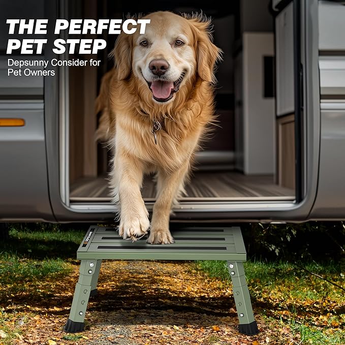 Adjustable RV Step Stool, 3-Step Height Adjustment, Foldable Legs, Wide Anti-Slip Surface,Supports Up to 1,000 lb, Premium Aluminum Construction Easy to Carry (Army Green)