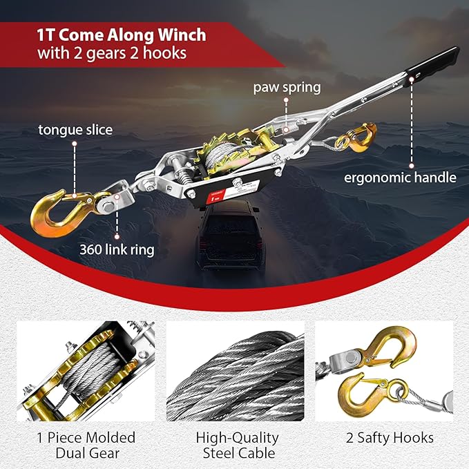 Come Along Winch 1 T Pulling Capacity 7 FT Steel Cable 2 Hooks Heavy Duty Ratchet Power Puller Tool with Dual Gears Automotive Hoist Cable Puller Ideal for Vehicle Rescue.