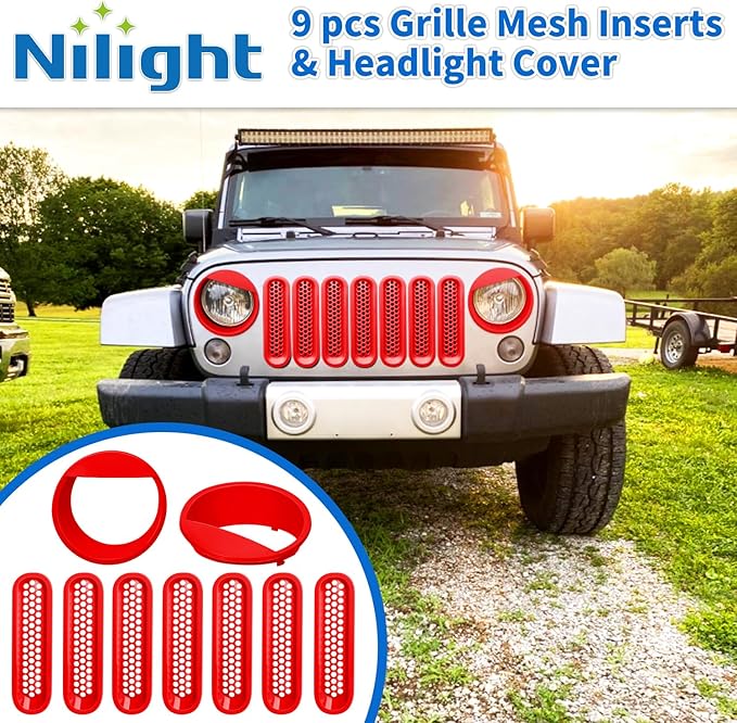 Nilight Grill Inserts fit for Jeep Wrangler Front Grille Mesh Inserts & Headlight Cover Set for JK JKU Unlimited Sports Sahara Freedom Rubicon 2007-2018 Clip-in Trim Exterior Accessories Red 9 Pcs