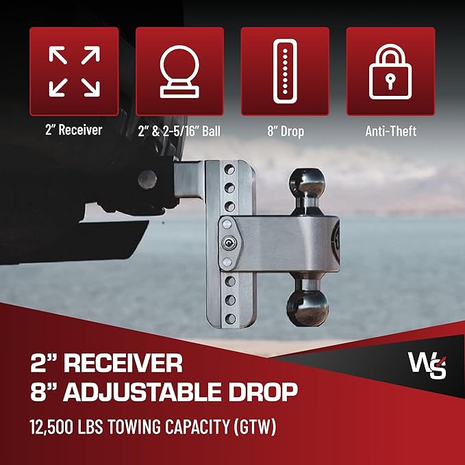 Weigh Safe Adjustable Trailer Hitch Ball Mount, 8" Adjustable Drop Hitch for 2" Receiver w/ 4 pc Keyed Alike Lock Set, Heavy Duty Aluminum Trailer Tow Hitch w/Chrome Plated Tow Balls, 12,500 lbs GTW