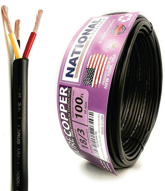 NATIONAL Wire & Cable – 18 AWG 3-Conductor Premium Copper Wire, 100 ft, Stranded | Made in USA, Flexible Jacket | LED Strips, Electronics, Low Voltage, DIY Projects, Indoor and Outdoor Use