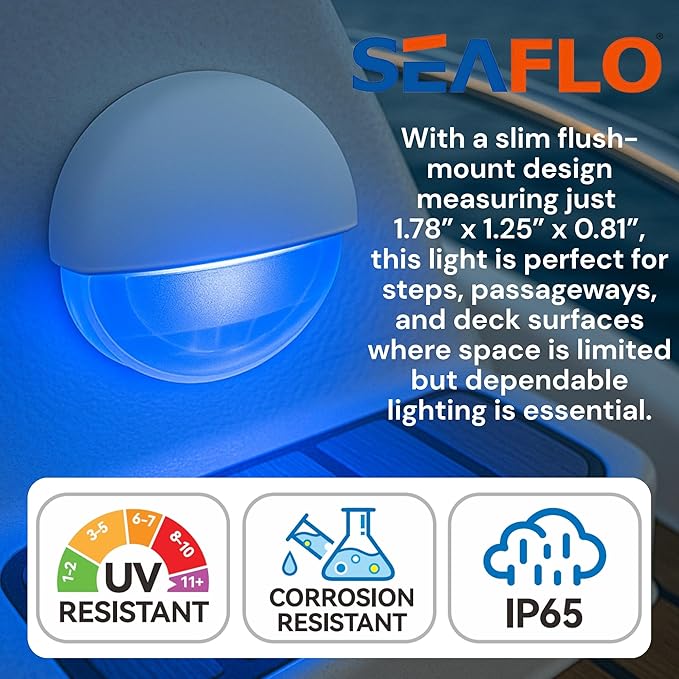 SEAFLO 04 Series LED Oblong Courtesy Light – Blue, 12V, 0.2W, IP67, Flush Mount, Accent Step/Deck Light for Boats RVs Caravans Trailers, Durable PC Housing, 1.78” x 1.25” x 0.81”, 4-Year Warranty