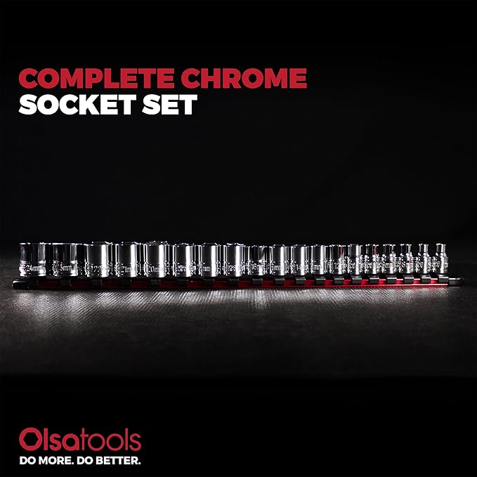 Olsa Tools Metric Shallow Socket Set - 3/8-Inch Drive, 19pc - 6-Point Chrome Sockets from 6mm–24mm and No Skipped Sizes - Mechanic Shallow Metric Socket Set - Professional Grade Sockets - Part: 1328