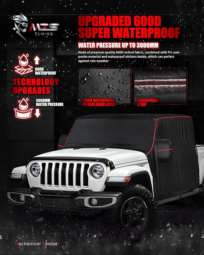 MZS Cab Cover Compatible with Gladiator JT 4 Door 2020-2026, 600D Waterproof Gladiator Cover with Driver Door Zipper 6 Gust Hook Car Half Cover Windproof Sun Snow Rain Scratch Protection Cover