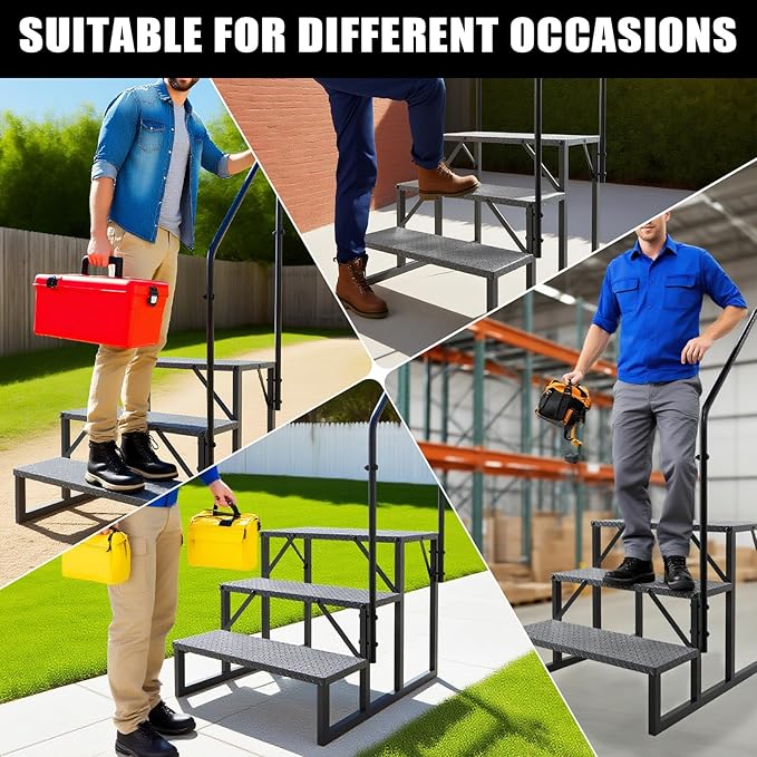RV Steps with Handrail, 3 Step RV Stairs 660 lbs Load Capacity, Step Ladder with Anti-Slip Panel, Mobile Home Stairs for Travel Trailers