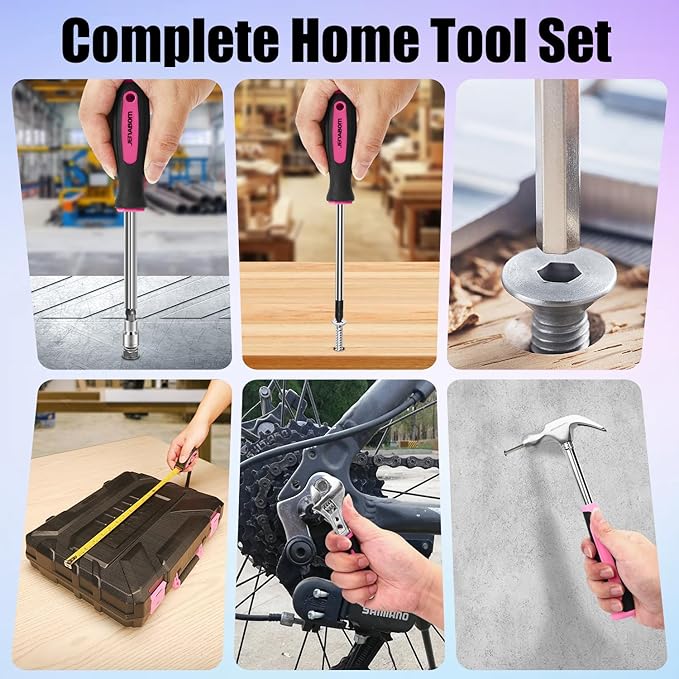 Tool Set：Pink Tool Kit with 8V Cordless Drill, Tool Box with Drill, Hand Drill Set for Men & Women, Home Tool Kits for House Repair, Handyman, DIY 127 Piece