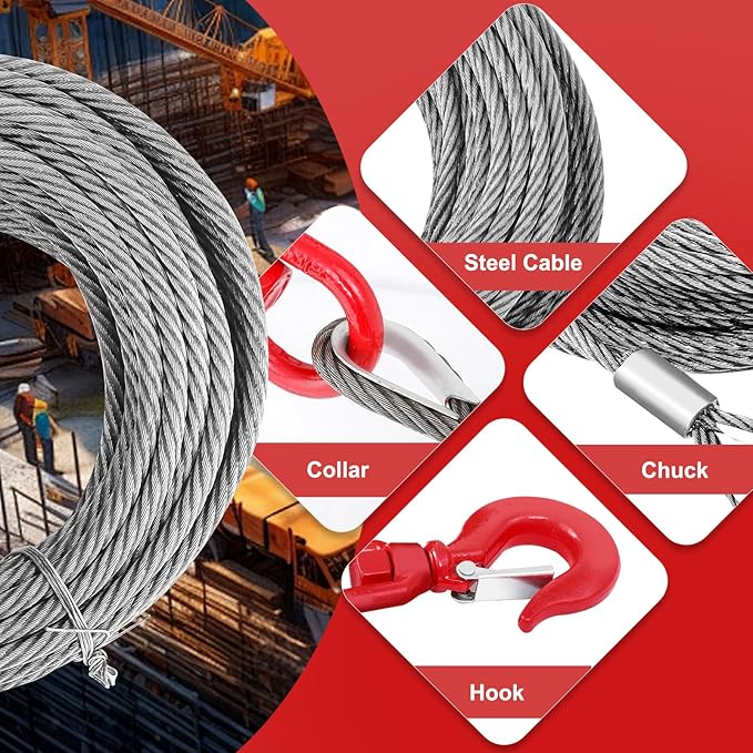 Steel Winch Cable,3/8" x 100' Wire Rope with Swivel Hook,17637 Lbs Breaking Strength,6x19 Strand Core Steel Towing Cable for Tow Truck,Crane,Wrecker