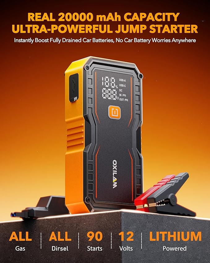 OXILAM 20000mAh Jump Starter for All Gas & Diesel Engines, 9000A Battery Jumper Starter Portable, 12V Jump Box with Quick Charger, Extended Jumper Cable, LED Display, USB, DC, Type C Port & LED Light