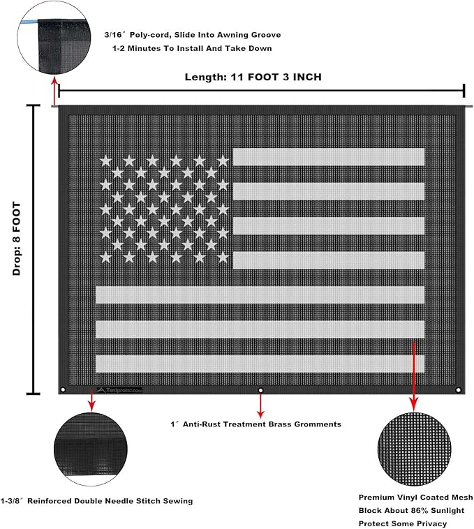 Tentproinc RV Awning Sun Shade Screen 8' X 11' 3'' (American Flag) Black Mesh Sunshade Camper Trailer Awning Shade Screen UV Blocker Completed Kits