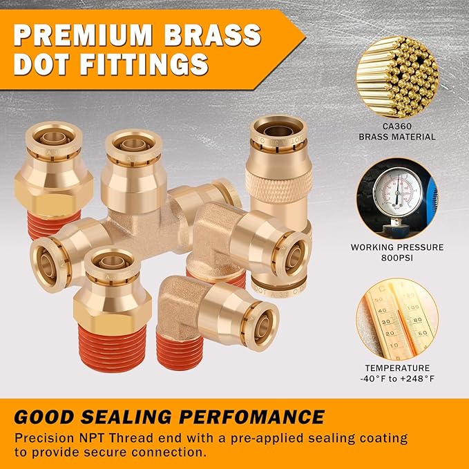 14 Pcs 3/8" Brass DOT Air Line Fittings Kit 1/4" 3/8" DOT Push Lock Air Fittings NPT Thread & Quick Connect Air Hose Fittings Kit