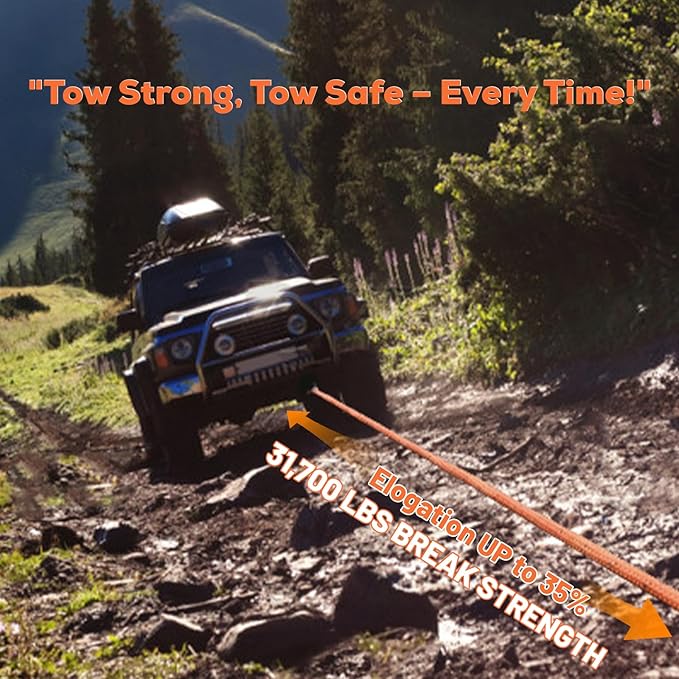 7/8" x 30ft Heavy-Duty Kinetic Recovery Rope – 31,700lbs Break Strength – Ideal for Trucks, SUVs, Jeeps, UTVs, ATVs & Tractors (Orange)