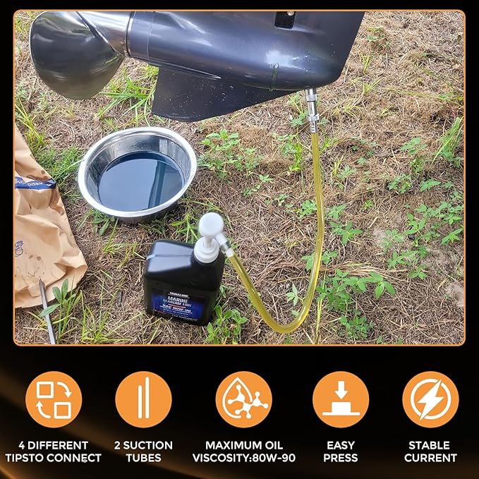 Lower Unit Gear Oil Pump for Standard Quart Bottles for 28mm bottle caps，10CC Per Pump Stroke，gear oil pump for quart bottle 3/8 inch Metal Swivel， 8mm and 10mm， 3rd Hand Adapter and 19 inch hose