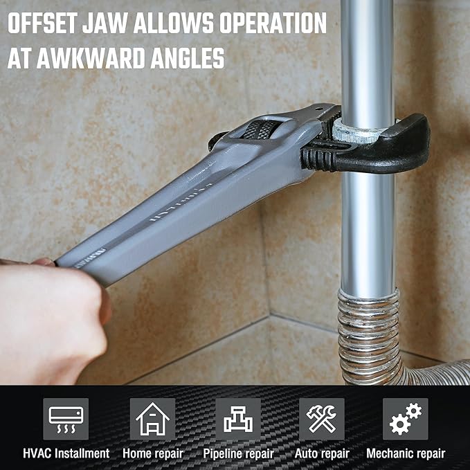 DURATECH 14-inch Heavy Duty Aluminum Offset Pipe Wrench, 2" Jaw Capacity, Adjustable Plumbing Wrench, Drop Forged, Exceed GGG standard