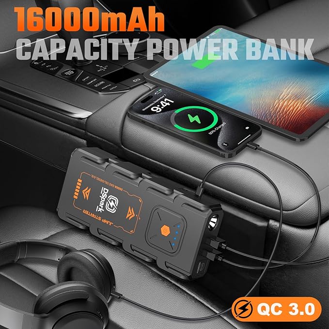 G21C 2000A Jump Starter Portable Portable Battery Booster for 7.0L Gas and 6.5L Diesel Engines 12V Jump Box with USB Quick Charge LED Flashlight with DC Power Out 12.5v-16.8V-10A