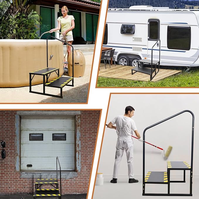2 Step RV Stairs, Hot Tub Steps, Outdoor Spa Step Ladder with Handrail,Portable Economy 5th Wheel Stair for Travel Trailer, Motor Home, Camper and Porch with Non-Skid Tapes